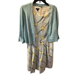 Talbots Crisp Tulip Sleeveless Fit  Flare Dress Stripe 14 W/ Blue Sweater Size L